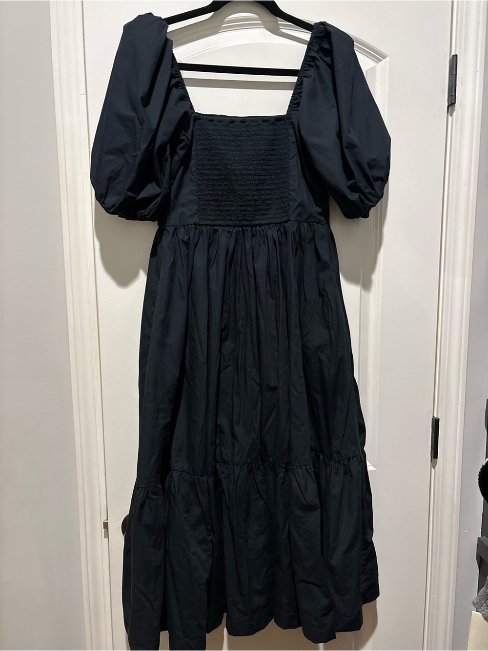 Abercrombie Ruched Puff Sleeve Poplin Midi Dress Navy Medium - Picture 5 of 8